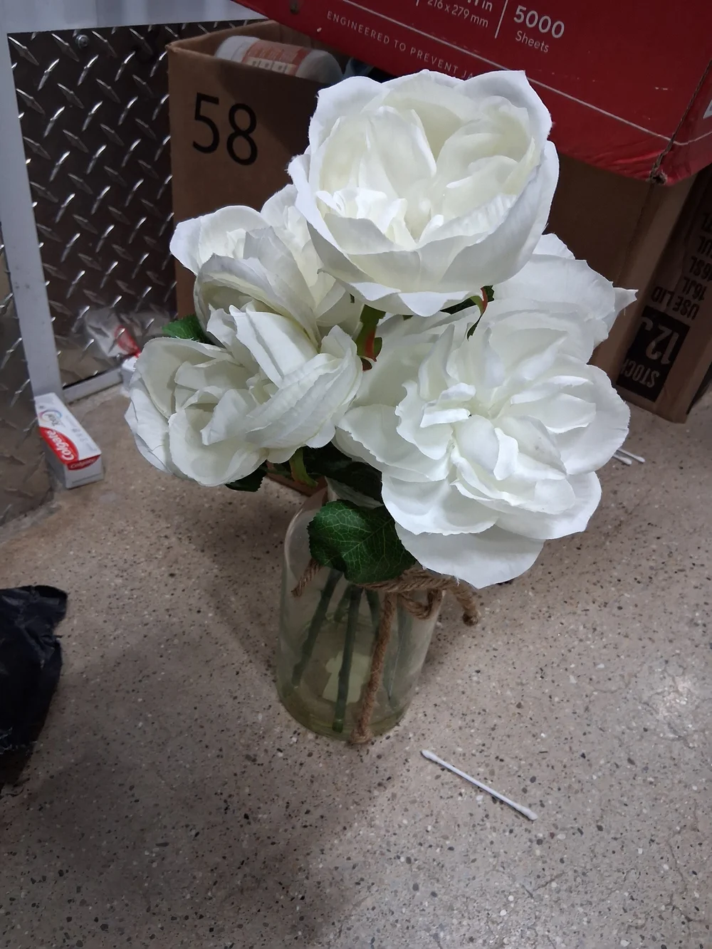 White Artificial Rose Bouquet in Decorative Glass Vase